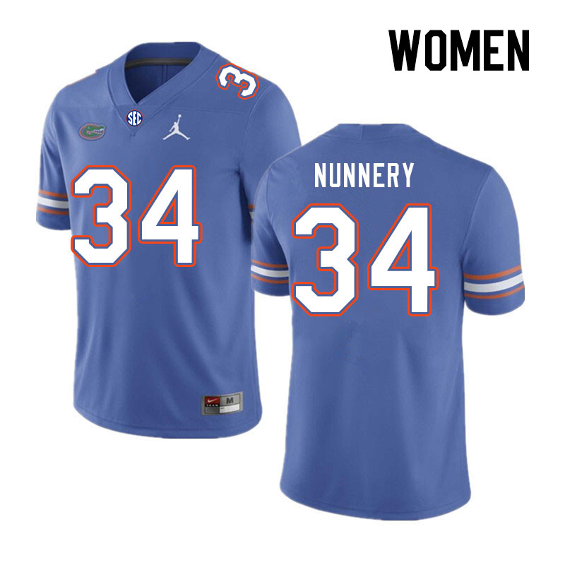 Women #34 Mannie Nunnery Florida Gators College Football Jerseys Stitched-Royal